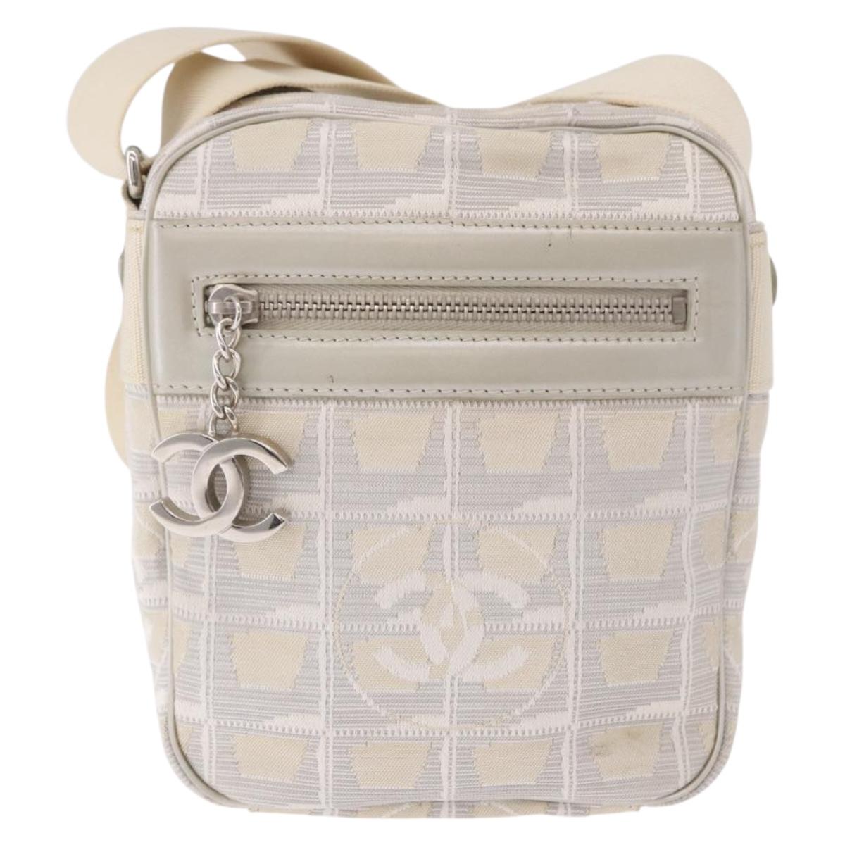 CHANEL New Travel line Shoulder Bag Canvas White Silver CC Auth 185172V