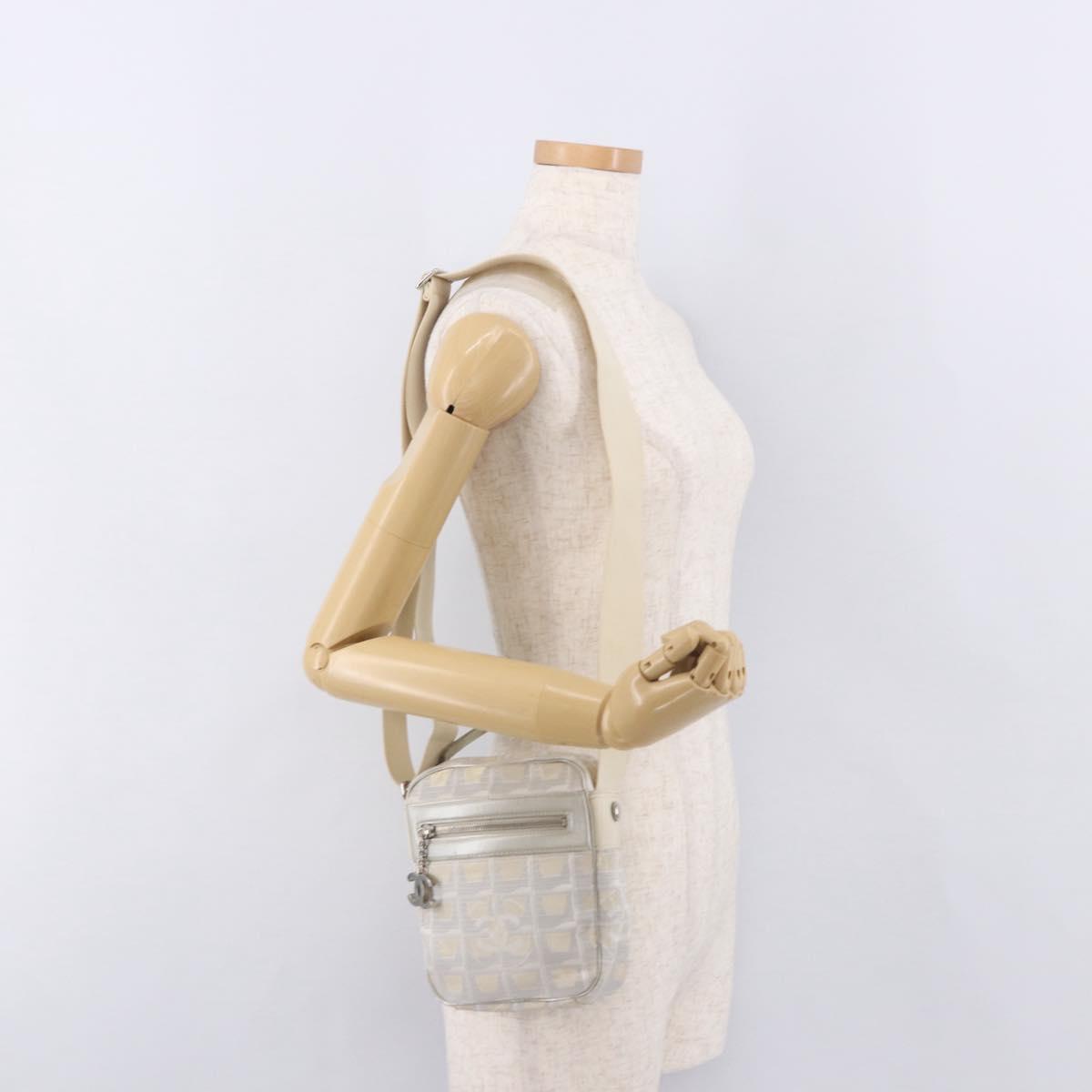 CHANEL New Travel line Shoulder Bag Canvas White Silver CC Auth 185172V
