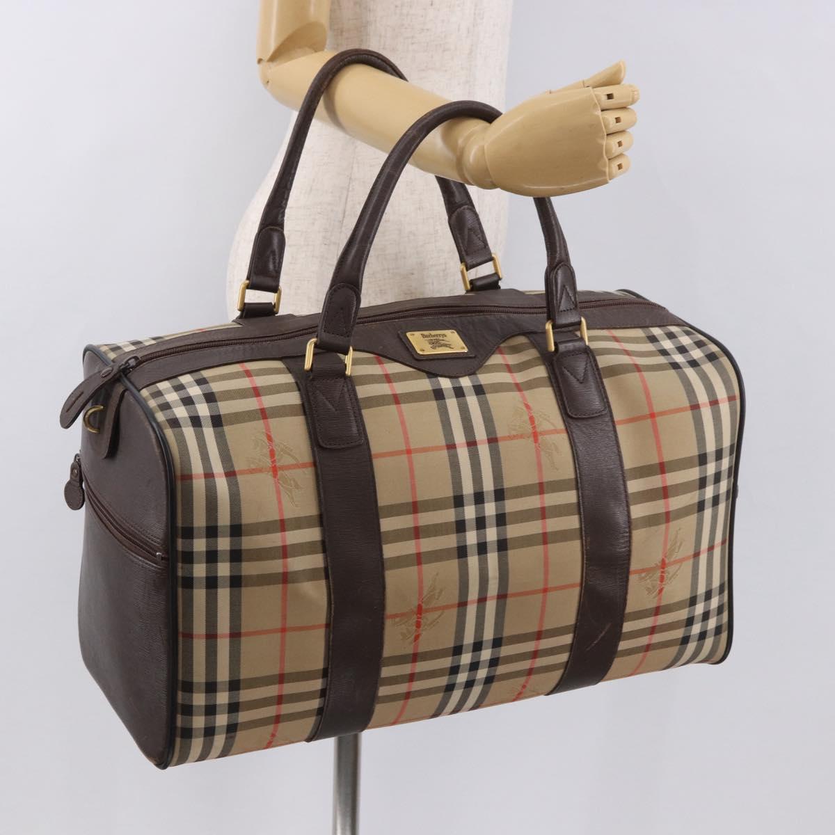 Burberrys Nova Check Boston Bag Canvas Beige Gold Auth 185176