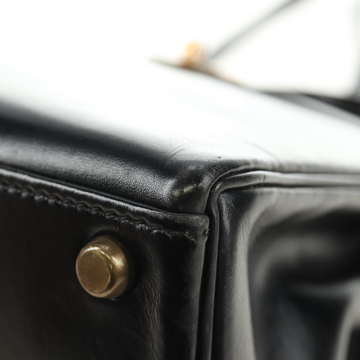 HERMES Kelly 28 Hand Bag Box Calfskin 2way Black Gold Auth 185189SM