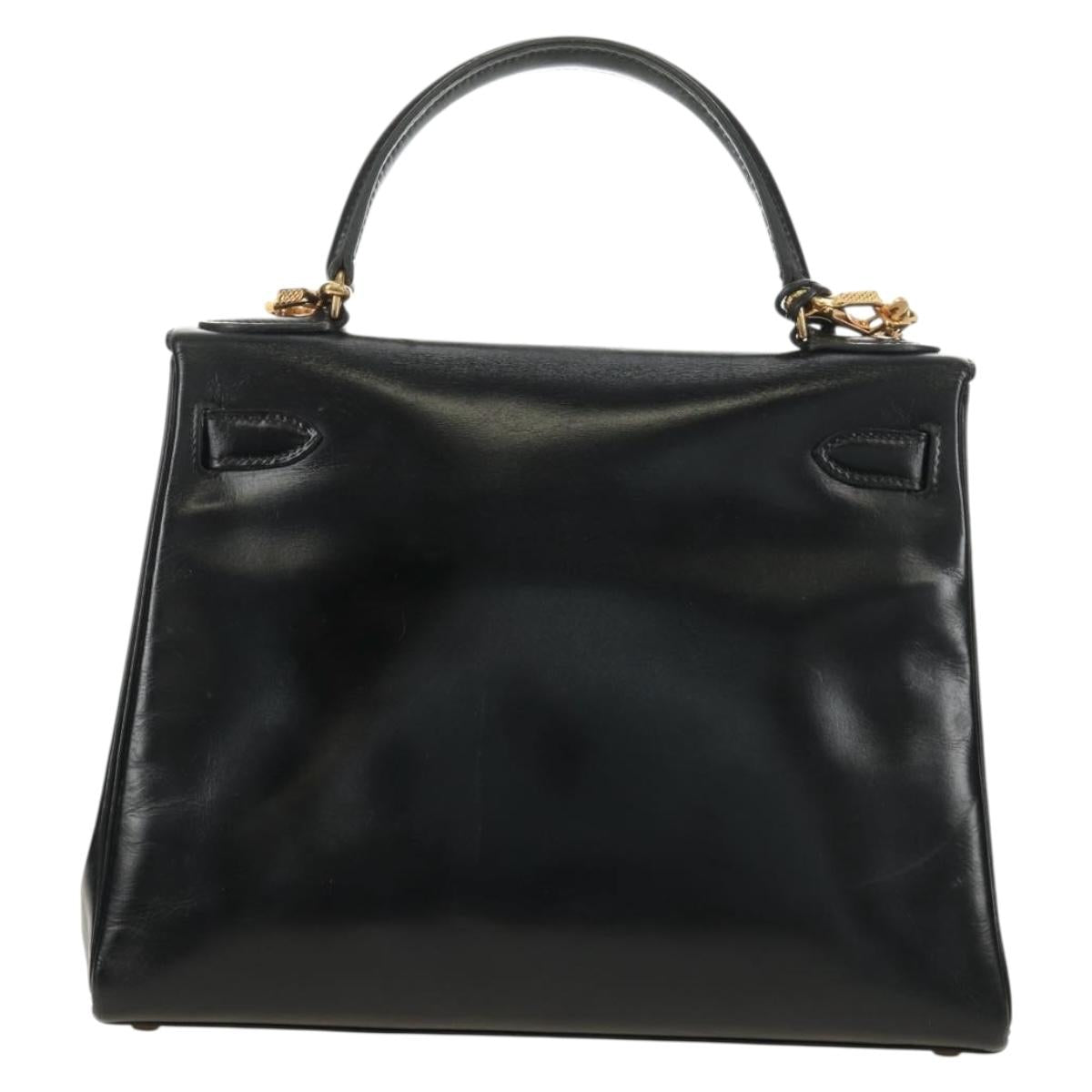 HERMES Kelly 28 Hand Bag Box Calfskin 2way Black Gold Auth 185189SM