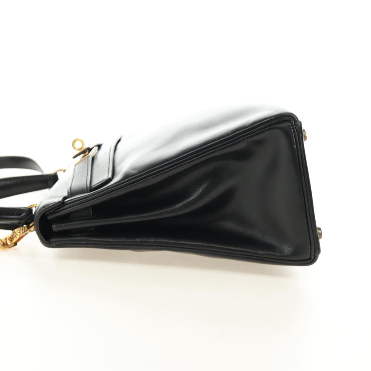 HERMES Kelly 28 Hand Bag Box Calfskin 2way Black Gold Auth 185189SM