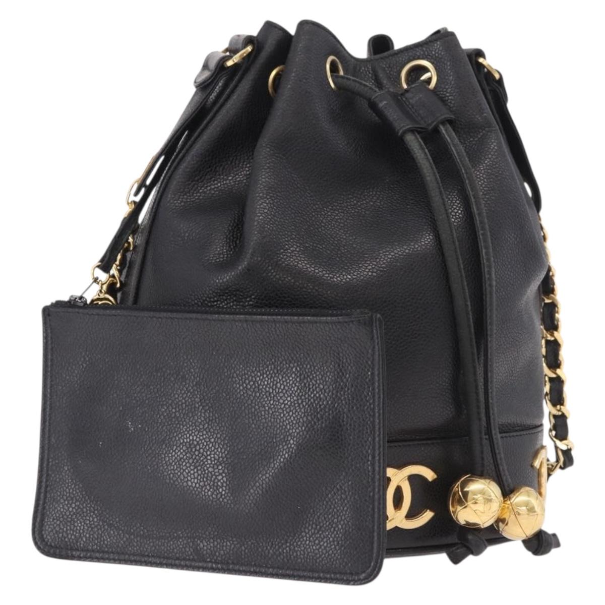 CHANEL Triple Coco Shoulder Bag Caviar Skin Black Gold CC Auth 185192SAV