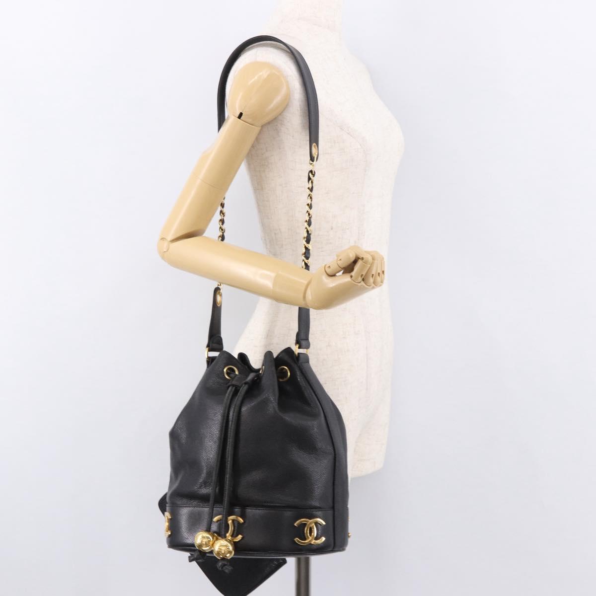 CHANEL Triple Coco Shoulder Bag Caviar Skin Black Gold CC Auth 185192SAV