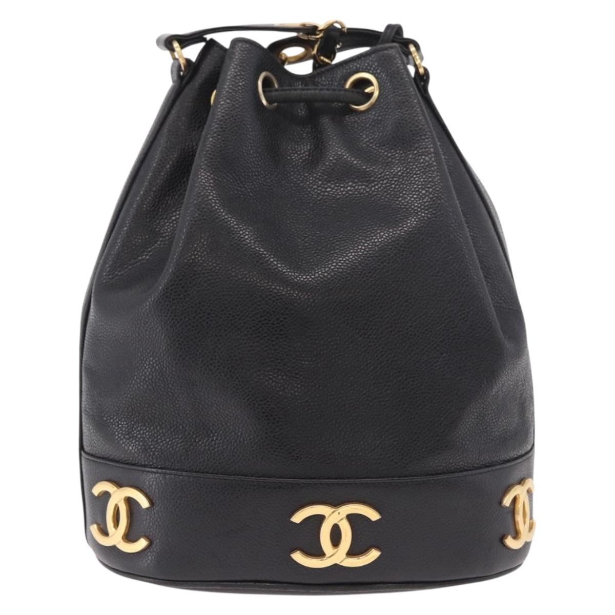 CHANEL Triple Coco Shoulder Bag Caviar Skin Black Gold CC Auth 185192SAV