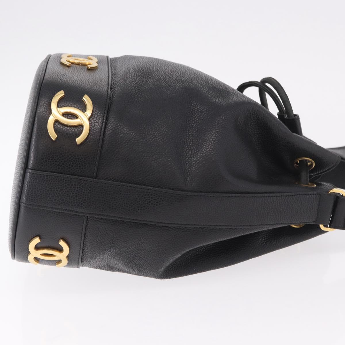 CHANEL Triple Coco Shoulder Bag Caviar Skin Black Gold CC Auth 185192SAV
