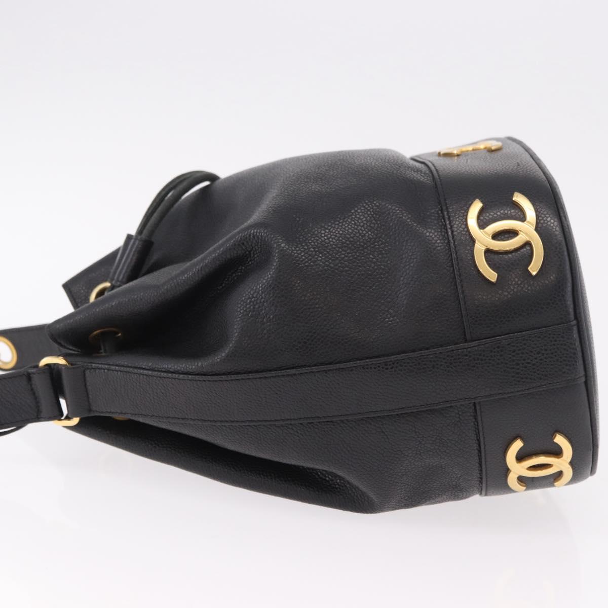 CHANEL Triple Coco Shoulder Bag Caviar Skin Black Gold CC Auth 185192SAV