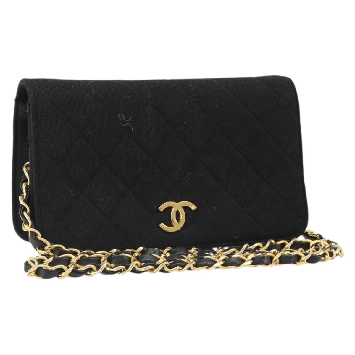 CHANEL Matelasse Chain Shoulder Bag Cotton Black Gold CC Auth 185197