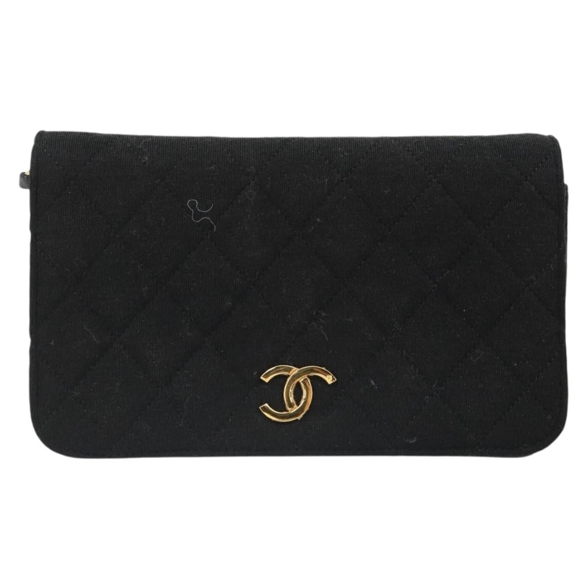 CHANEL Matelasse Chain Shoulder Bag Cotton Black Gold CC Auth 185197