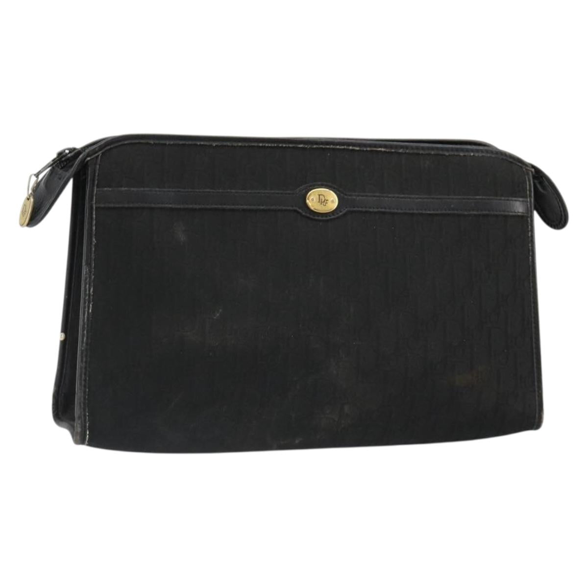 Christian Dior Trotter Canvas Clutch Bag Black Gold Auth 185202