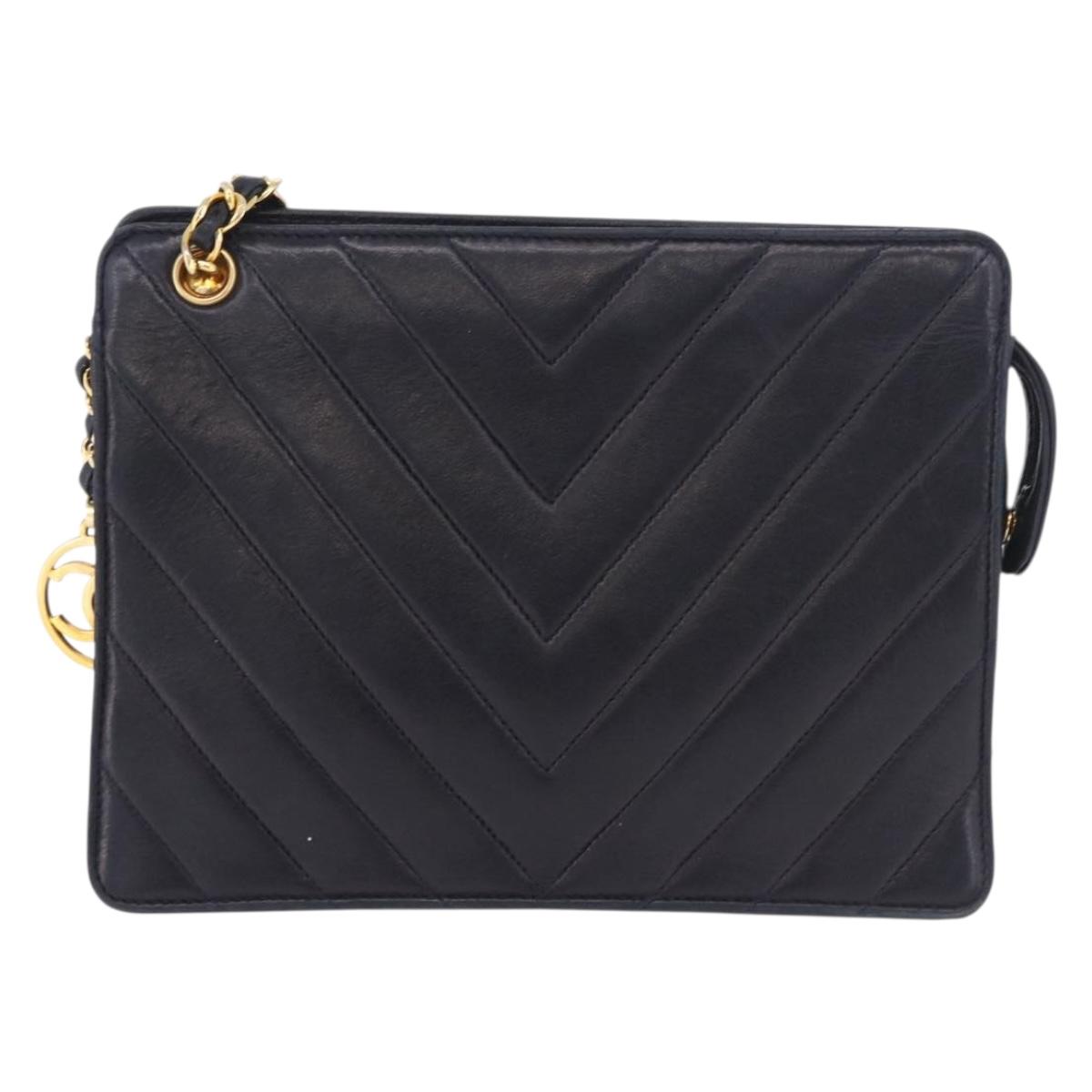 CHANEL V Stitch Chain Shoulder Bag Lamb Skin Navy Gold CC Auth 185203V