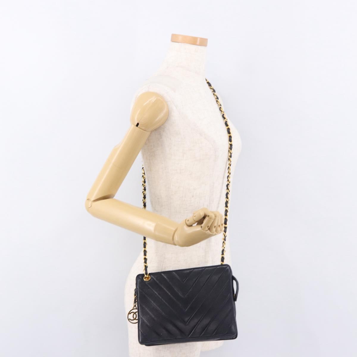 CHANEL V Stitch Chain Shoulder Bag Lamb Skin Navy Gold CC Auth 185203V