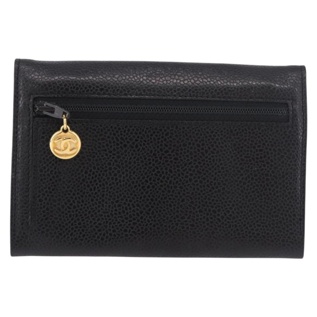 CHANEL COCO Mark Pouch Caviar Skin Black Gold CC Auth 185262V