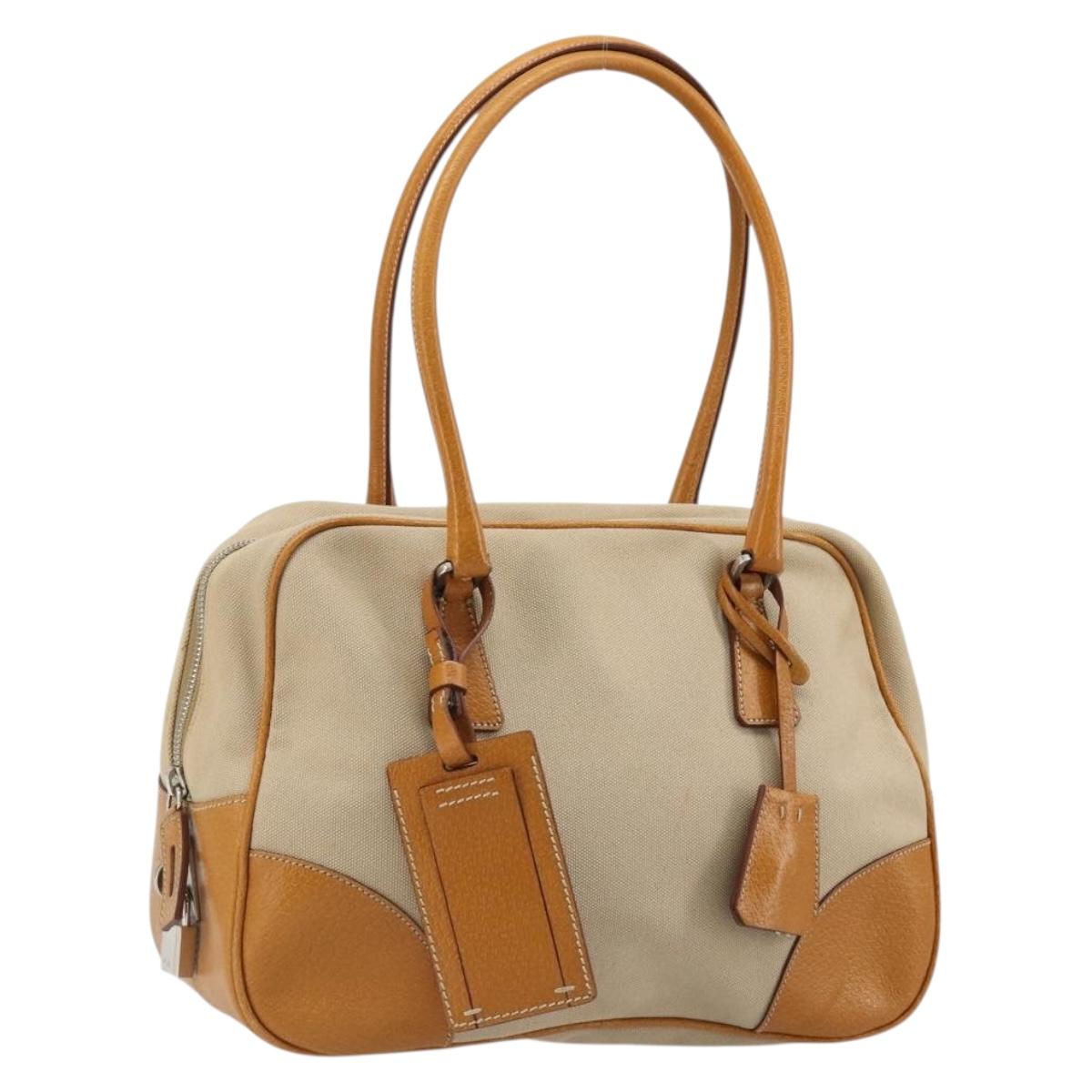 PRADA Hand Bag Canvas Beige Silver Auth 185265