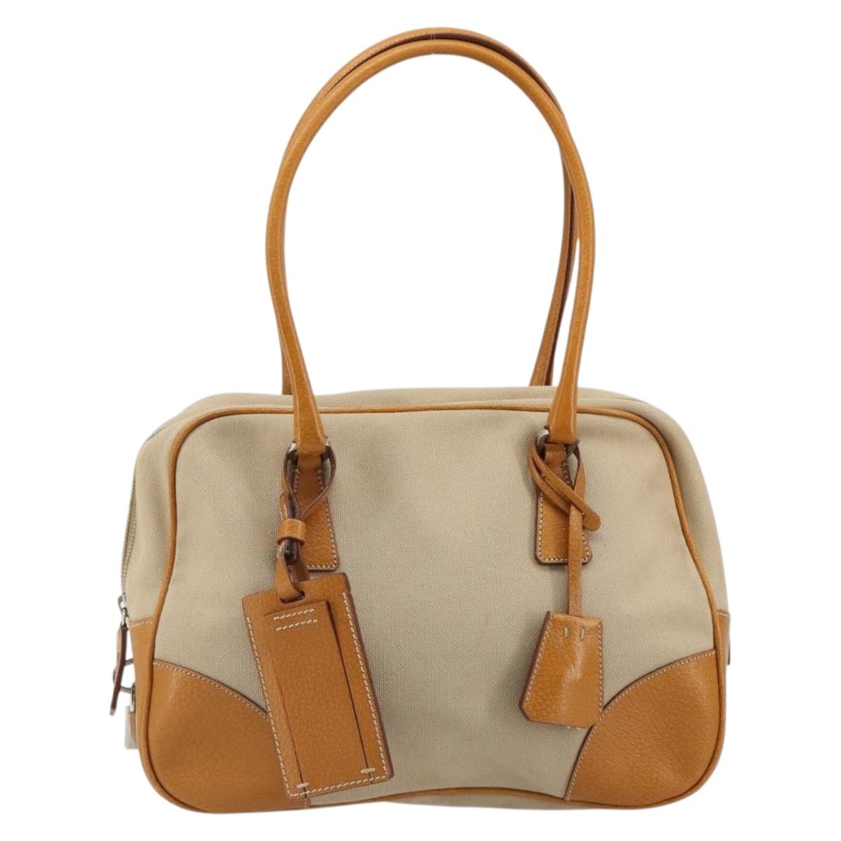 PRADA Hand Bag Canvas Beige Silver Auth 185265