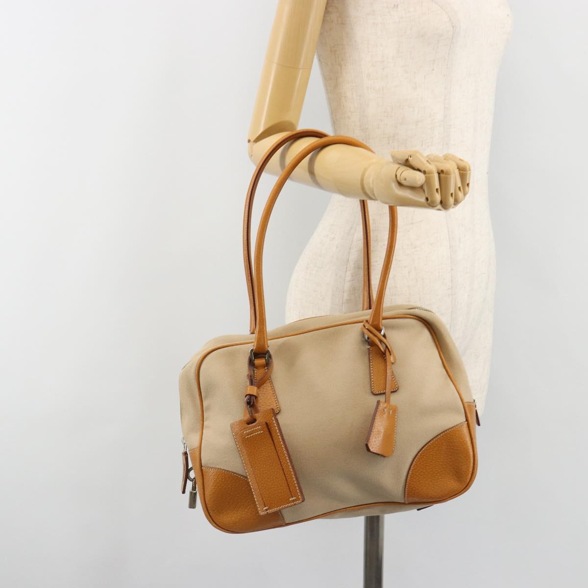 PRADA Hand Bag Canvas Beige Silver Auth 185265