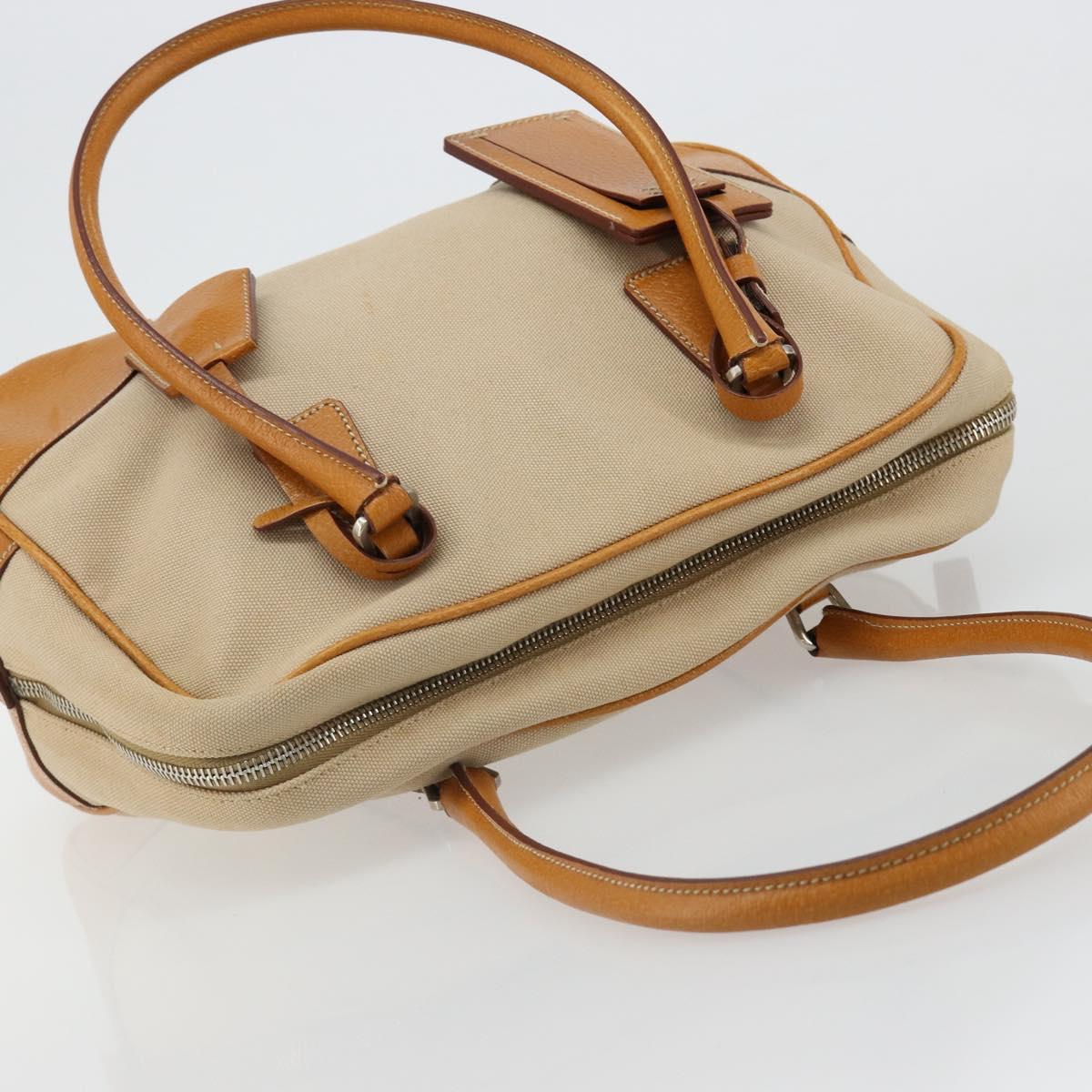 PRADA Hand Bag Canvas Beige Silver Auth 185265
