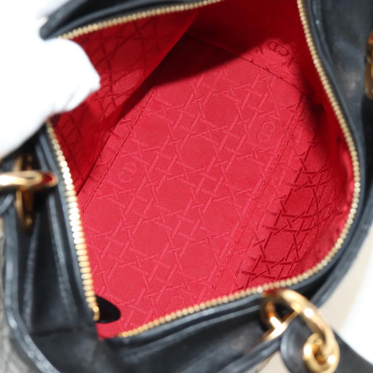 Christian Dior Canage Lady Dior Hand Bag Lamb Skin Black Gold Auth 185302M