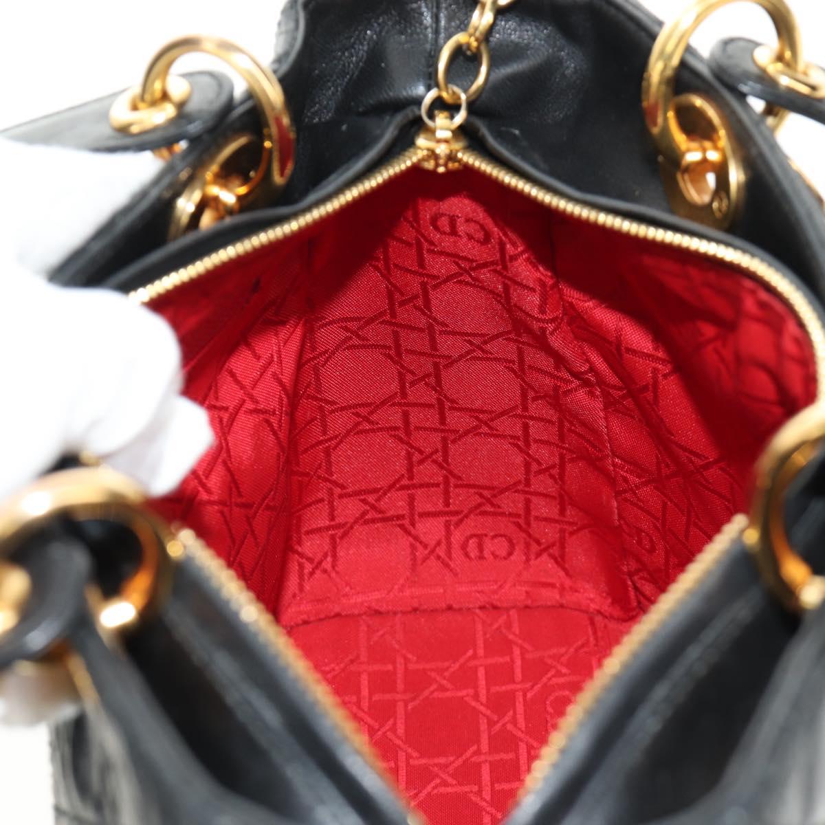 Christian Dior Canage Lady Dior Hand Bag Lamb Skin Black Gold Auth 185302M