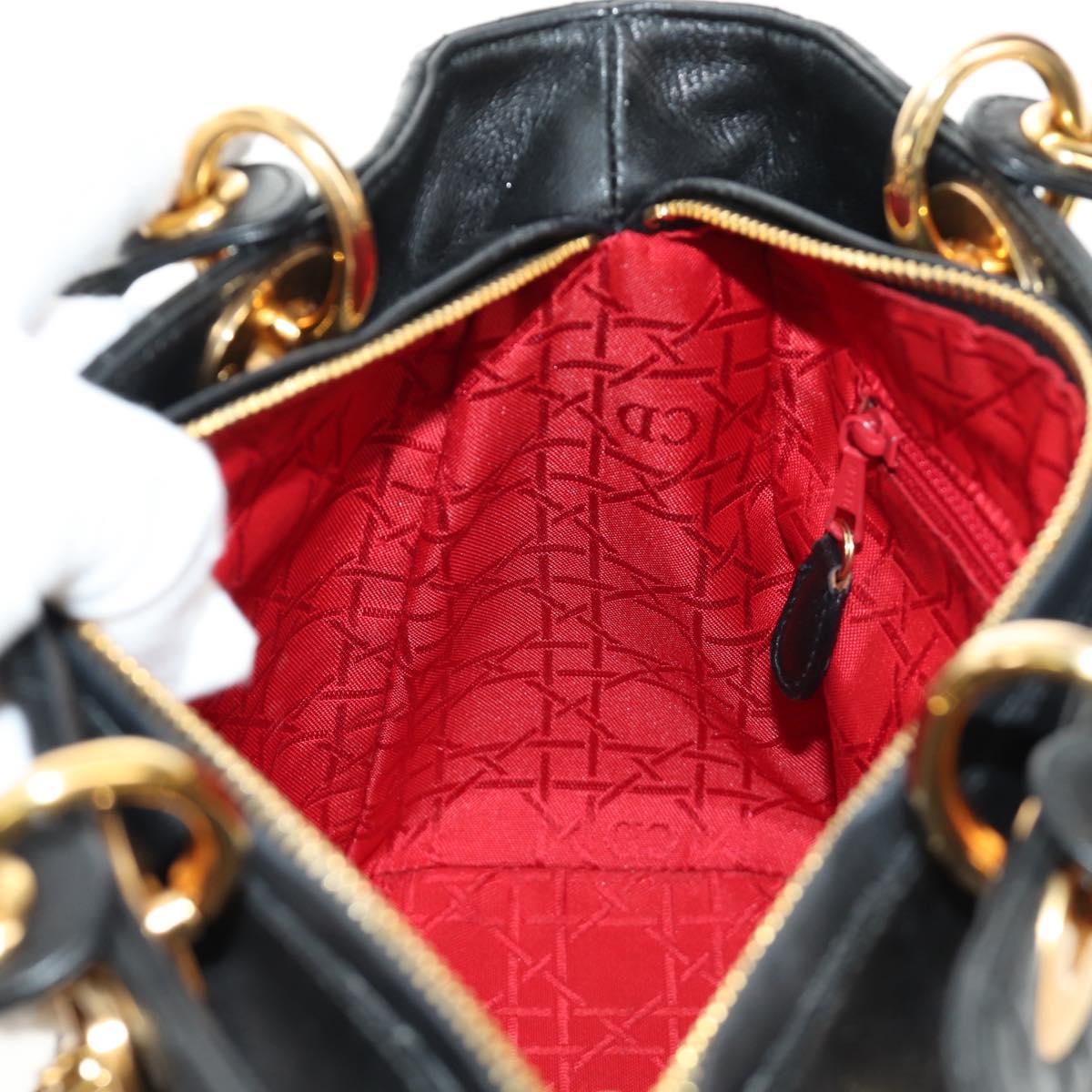 Christian Dior Canage Lady Dior Hand Bag Lamb Skin Black Gold Auth 185302M
