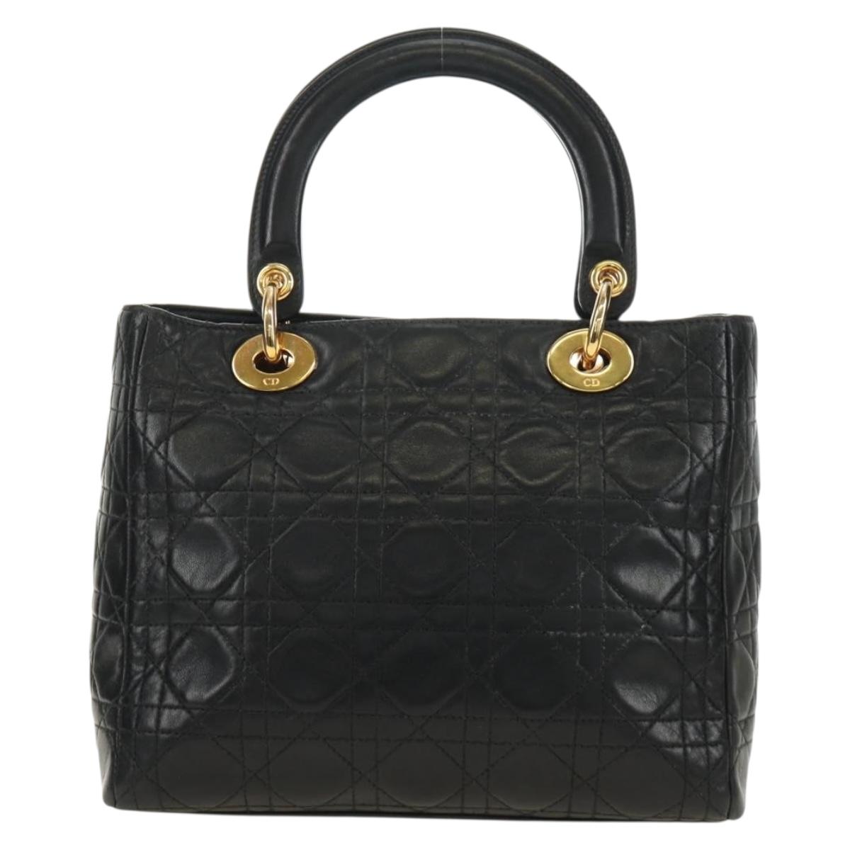 Christian Dior Canage Lady Dior Hand Bag Lamb Skin Black Gold Auth 185302M