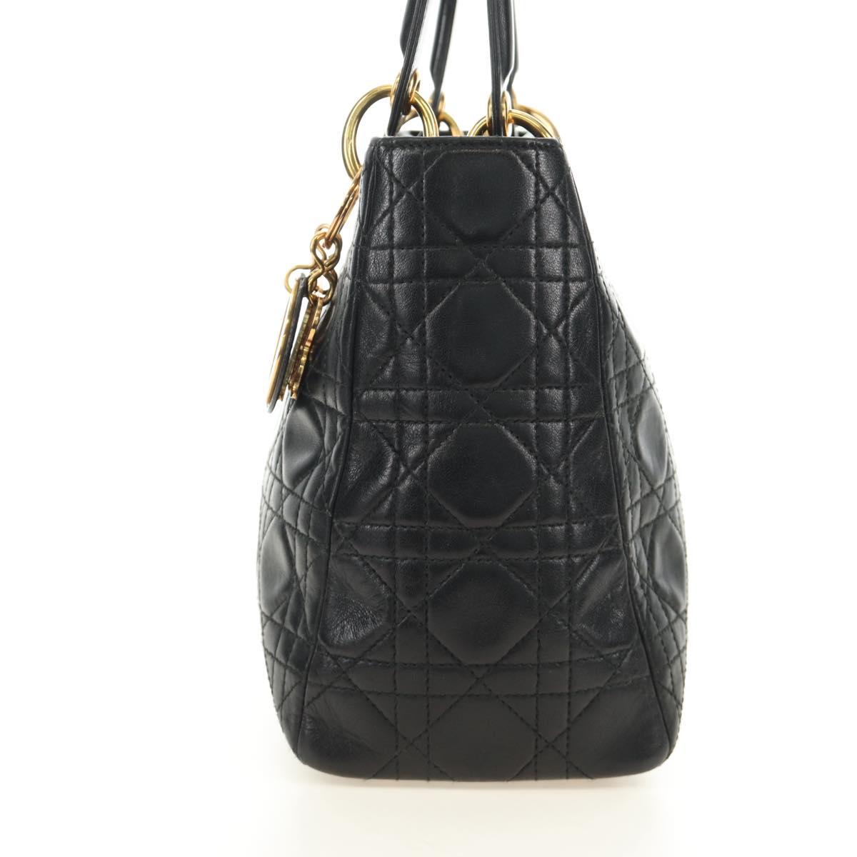 Christian Dior Canage Lady Dior Hand Bag Lamb Skin Black Gold Auth 185302M