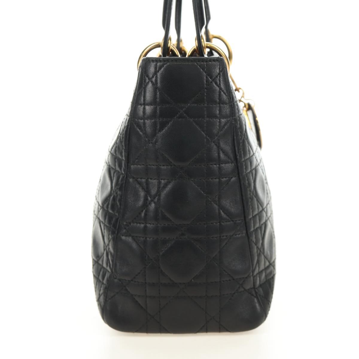 Christian Dior Canage Lady Dior Hand Bag Lamb Skin Black Gold Auth 185302M