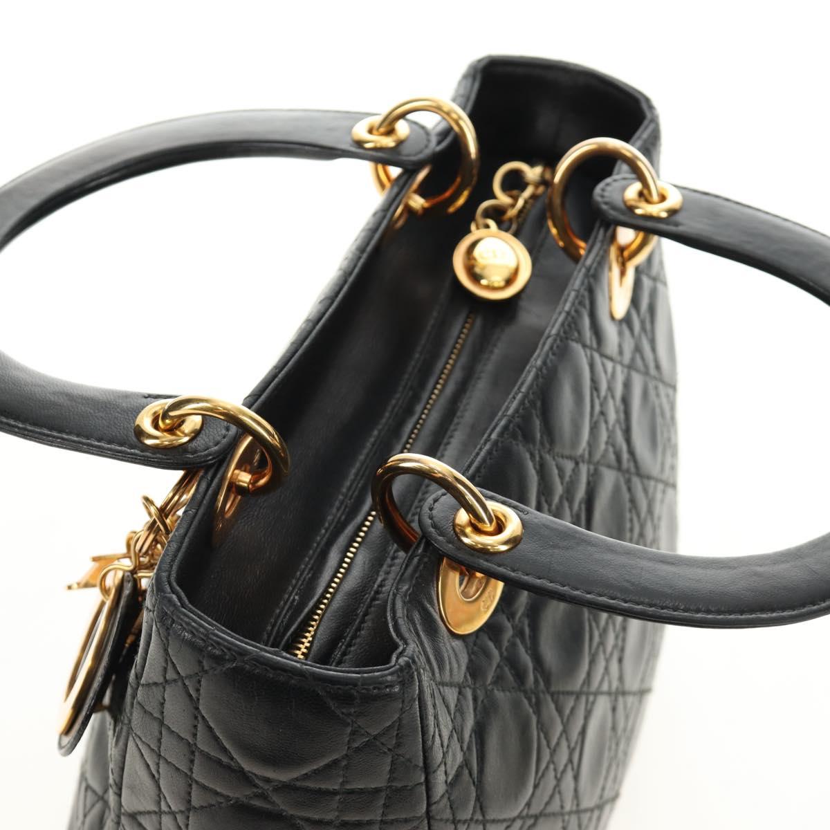 Christian Dior Canage Lady Dior Hand Bag Lamb Skin Black Gold Auth 185302M