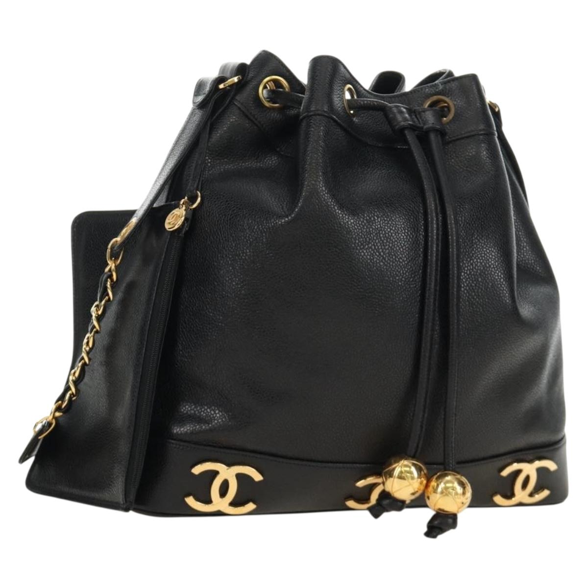 CHANEL Triple Coco Shoulder Bag Caviar Skin Black Gold CC Auth 185305SV