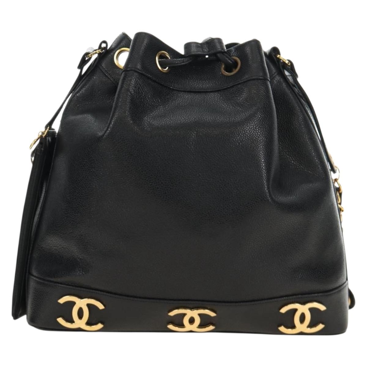 CHANEL Triple Coco Shoulder Bag Caviar Skin Black Gold CC Auth 185305SV
