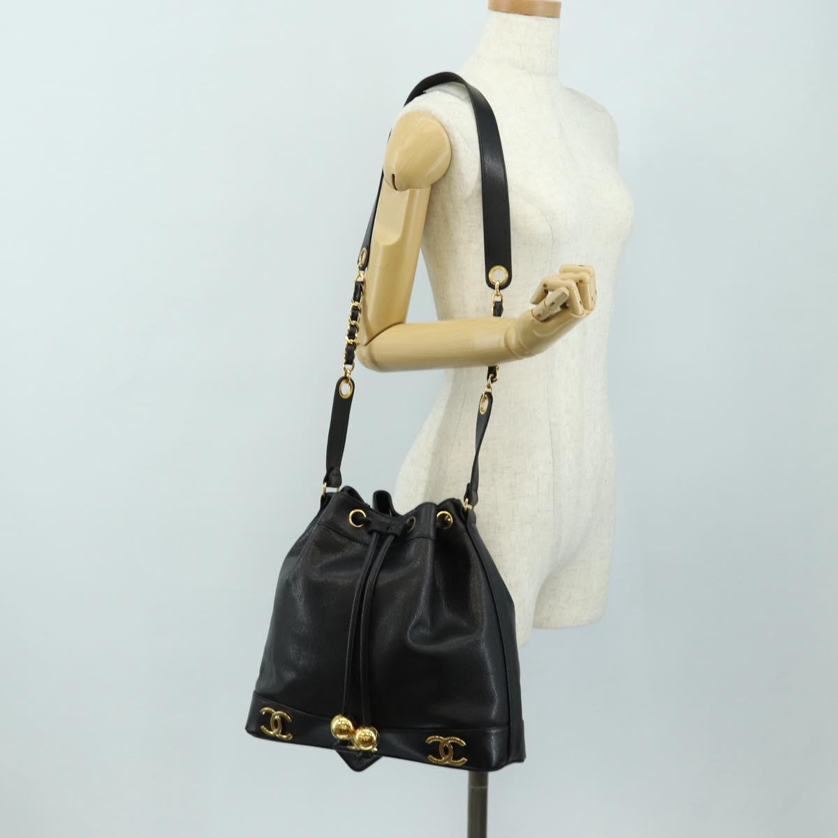 CHANEL Triple Coco Shoulder Bag Caviar Skin Black Gold CC Auth 185305SV