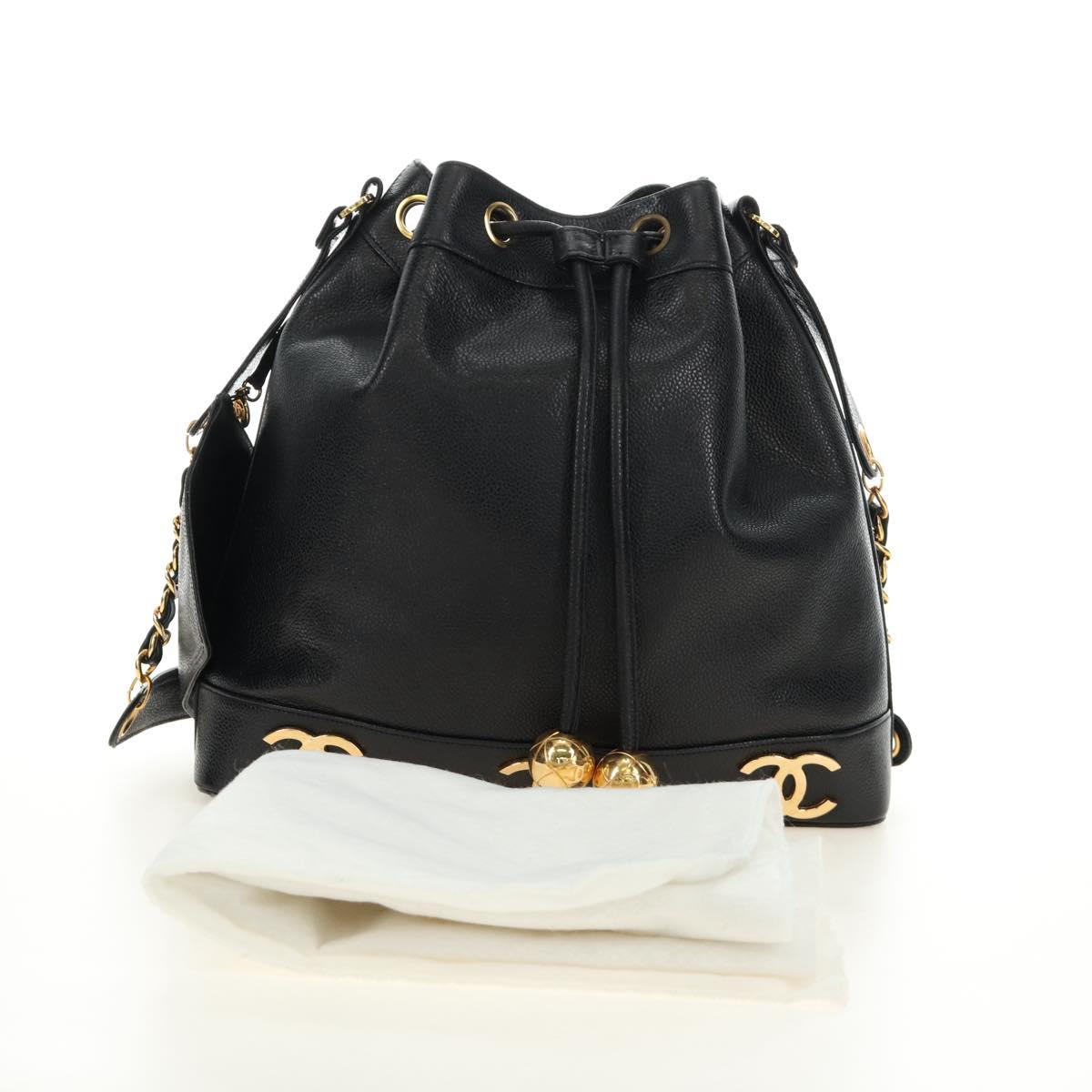 CHANEL Triple Coco Shoulder Bag Caviar Skin Black Gold CC Auth 185305SV