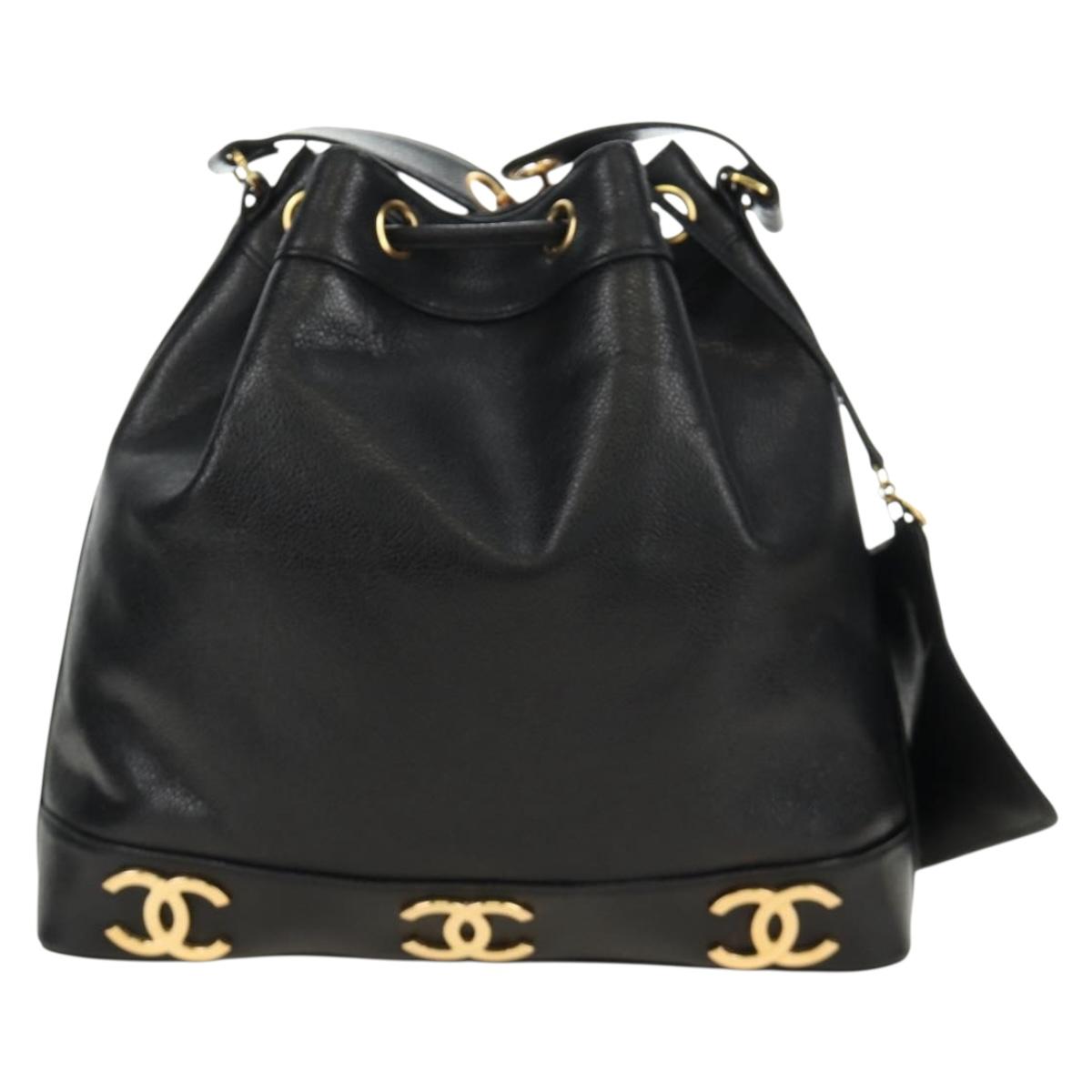 CHANEL Triple Coco Shoulder Bag Caviar Skin Black Gold CC Auth 185305SV