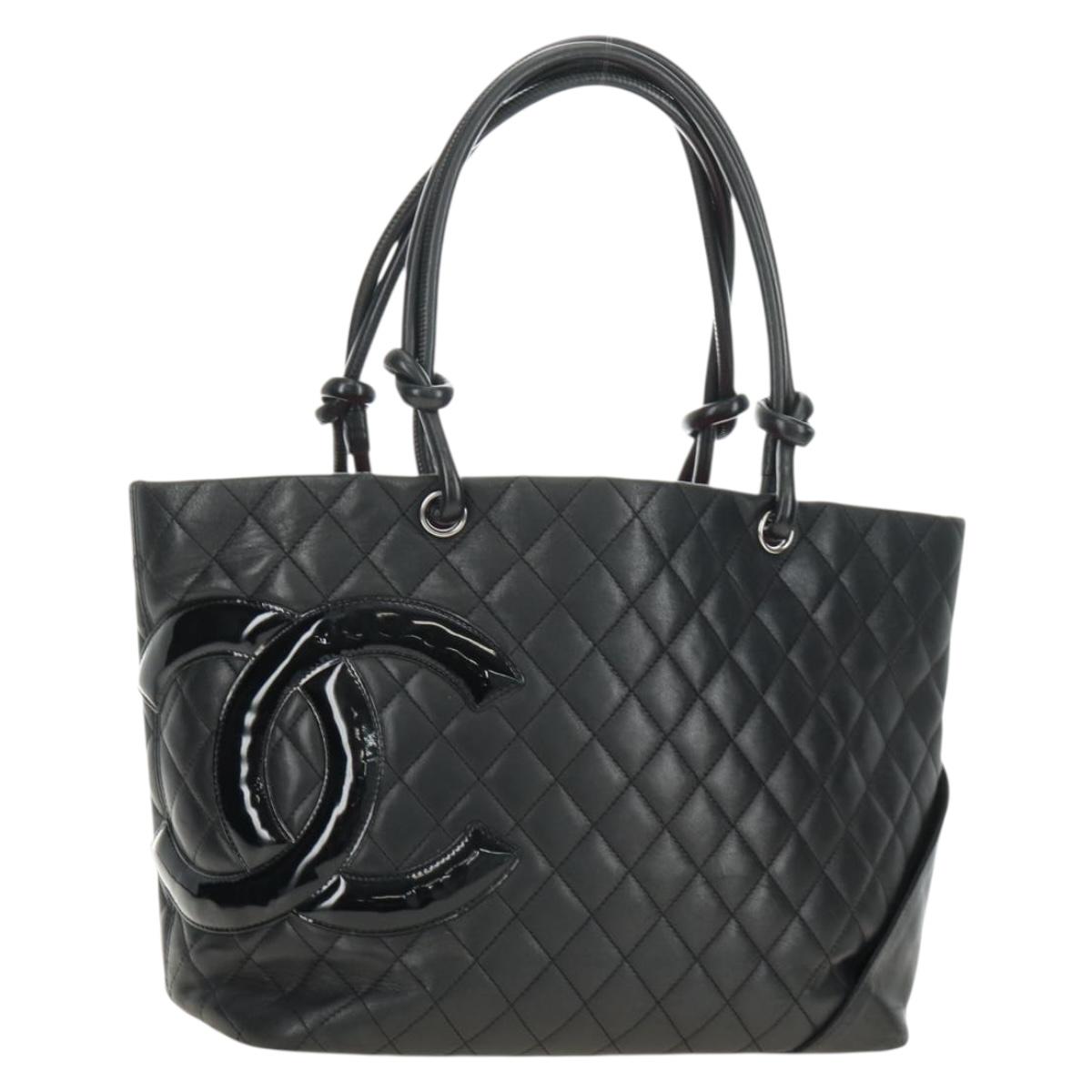 CHANEL Cambon Line Matelasse Tote Bag Leather Black Silver CC Auth 185306V