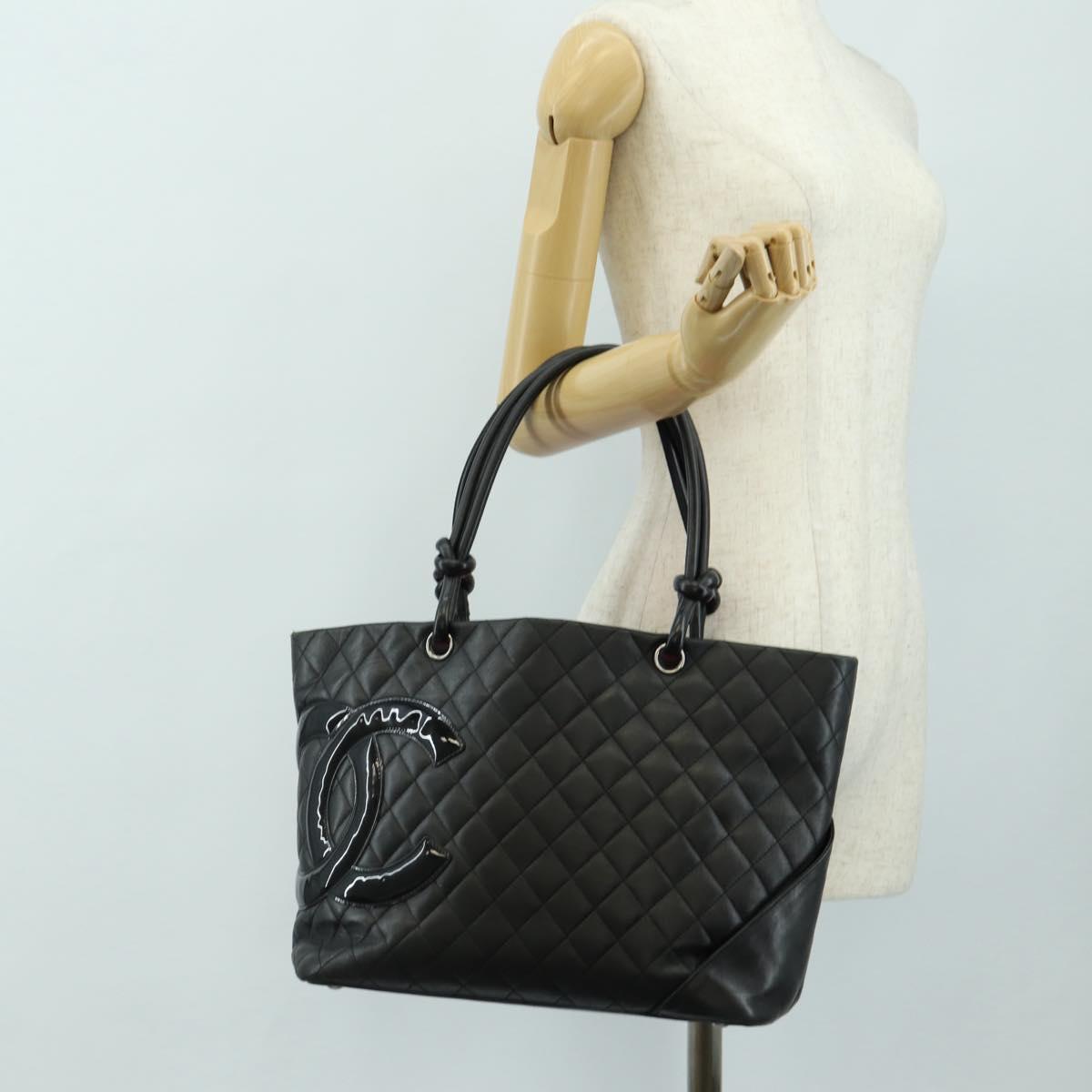 CHANEL Cambon Line Matelasse Tote Bag Leather Black Silver CC Auth 185306V