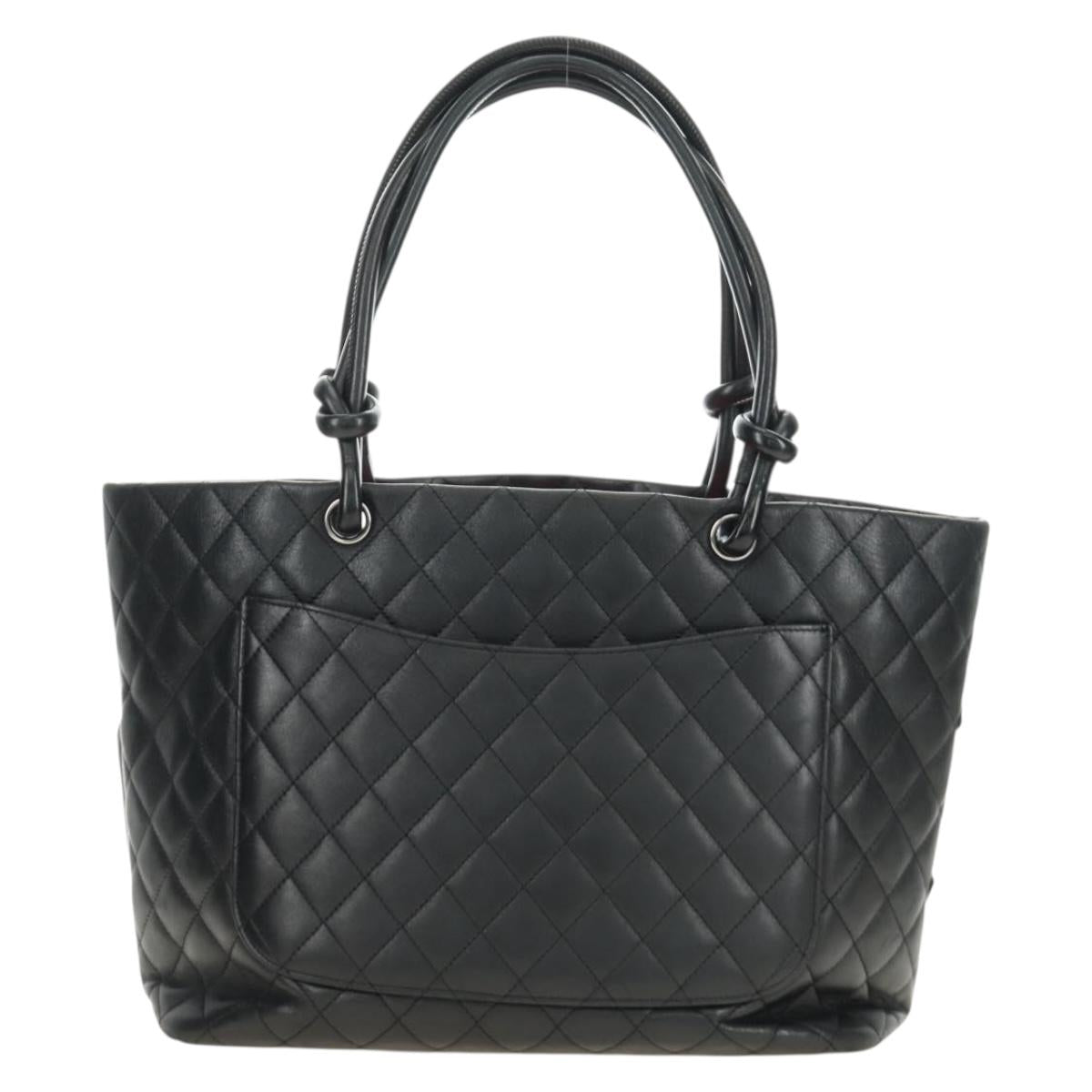 CHANEL Cambon Line Matelasse Tote Bag Leather Black Silver CC Auth 185306V
