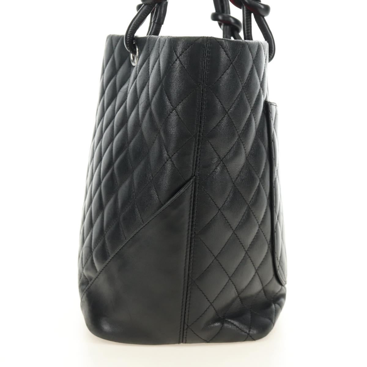 CHANEL Cambon Line Matelasse Tote Bag Leather Black Silver CC Auth 185306V