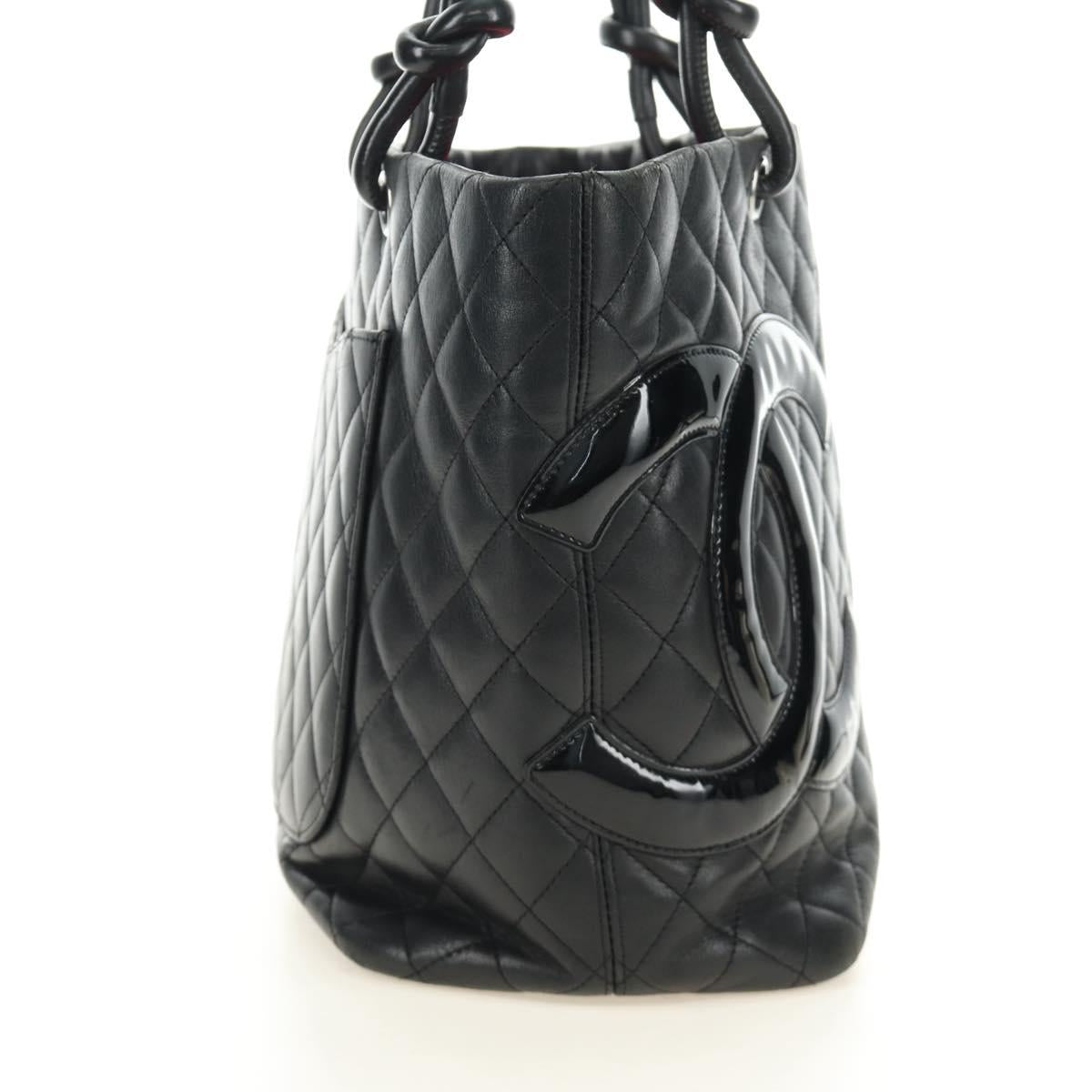 CHANEL Cambon Line Matelasse Tote Bag Leather Black Silver CC Auth 185306V
