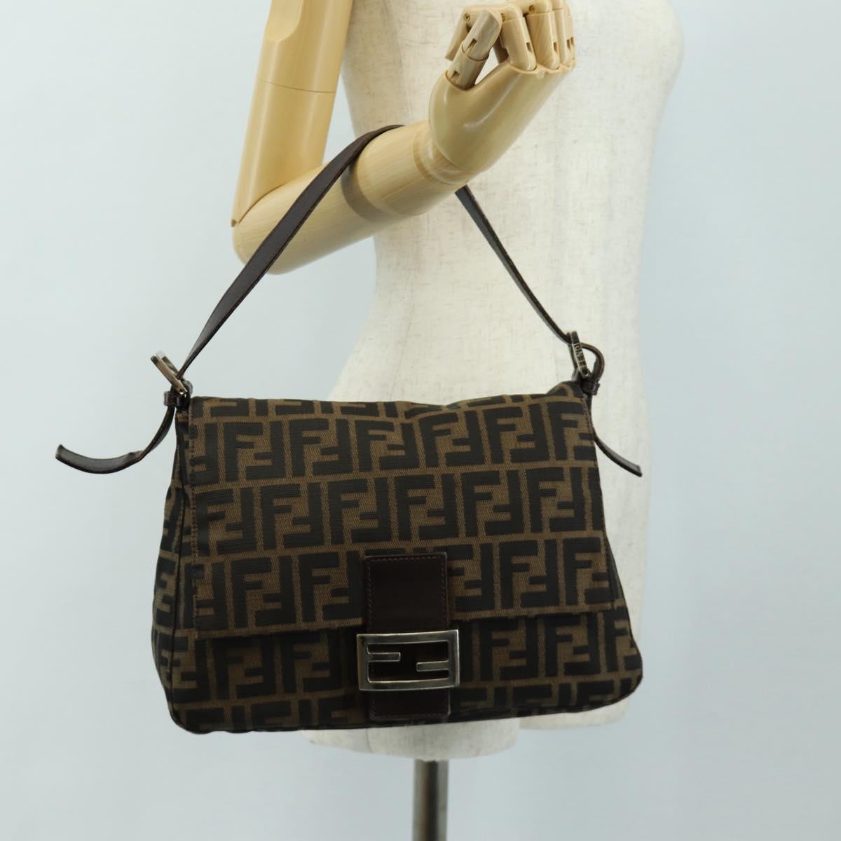 FENDI Zucca Canvas Mamma Baguette Shoulder Bag Black Brown Auth 185309M