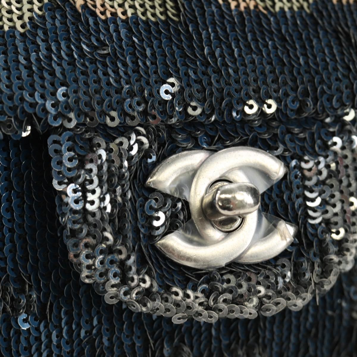 CHANEL Coco Cuba Chain Shoulder Bag Sequin Blue Silver CC Auth 185311SM