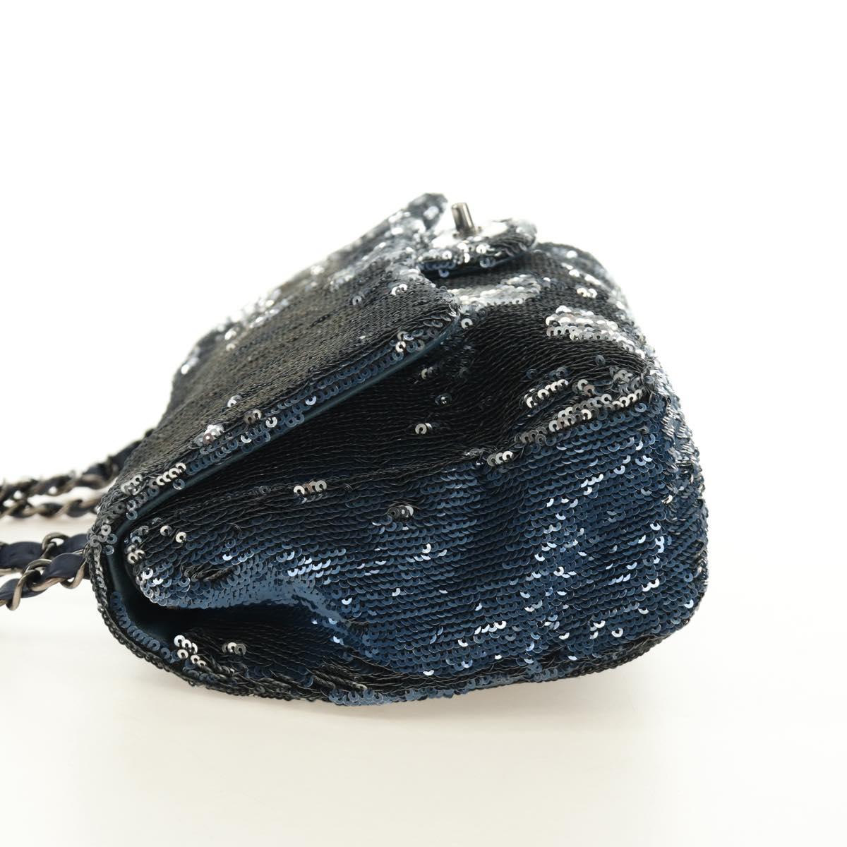 CHANEL Coco Cuba Chain Shoulder Bag Sequin Blue Silver CC Auth 185311SM