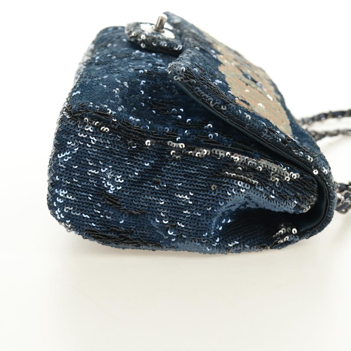 CHANEL Coco Cuba Chain Shoulder Bag Sequin Blue Silver CC Auth 185311SM