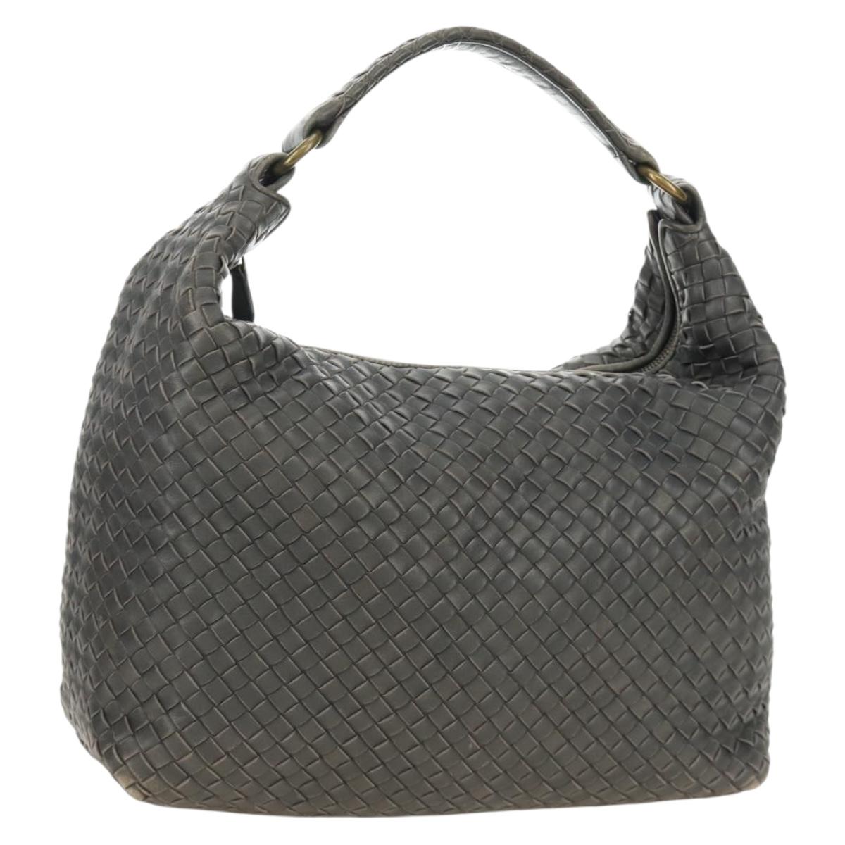 BOTTEGA VENETA INTRECCIATO Shoulder Bag Leather Gray Gold Auth 185312M