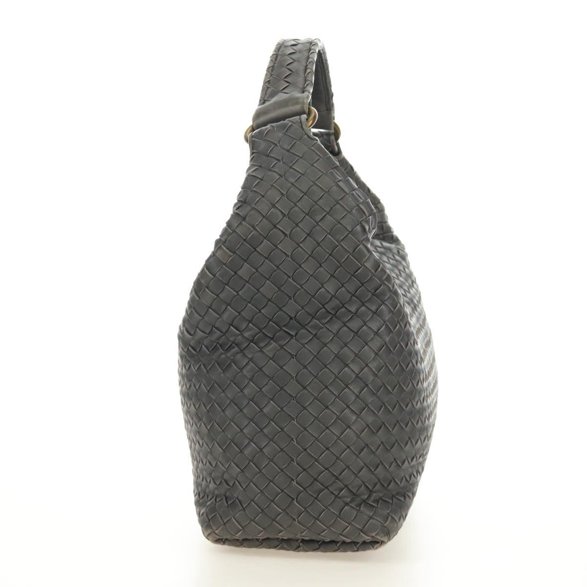 BOTTEGA VENETA INTRECCIATO Shoulder Bag Leather Gray Gold Auth 185312M