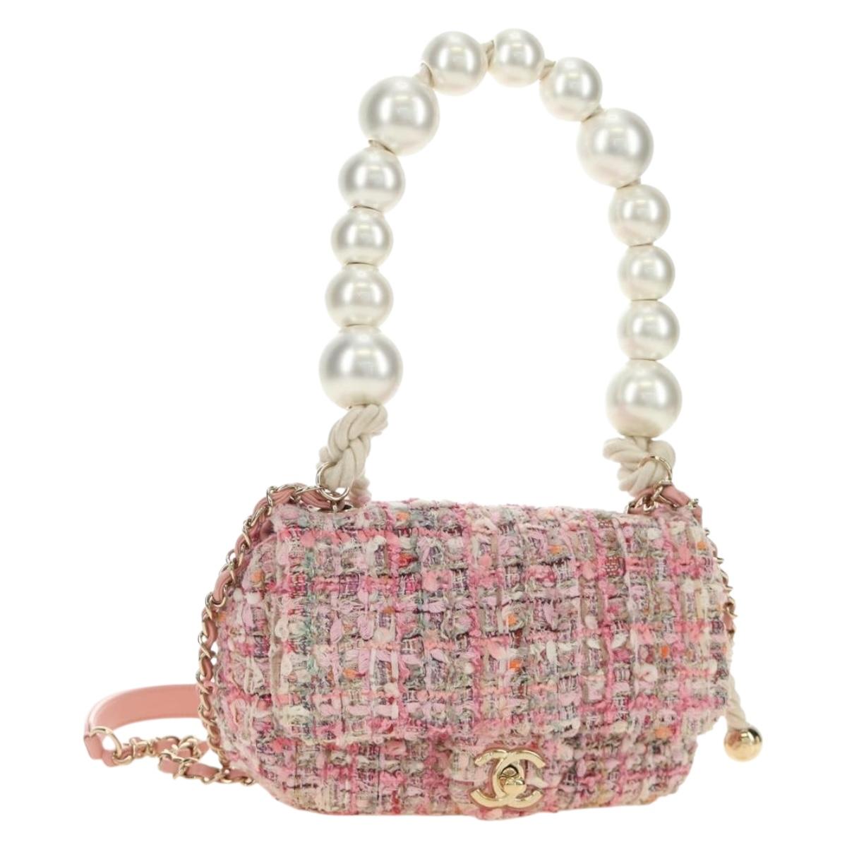 CHANEL Chain Shoulder Bag Tweed 2way Pink Gold CC Auth 185316M