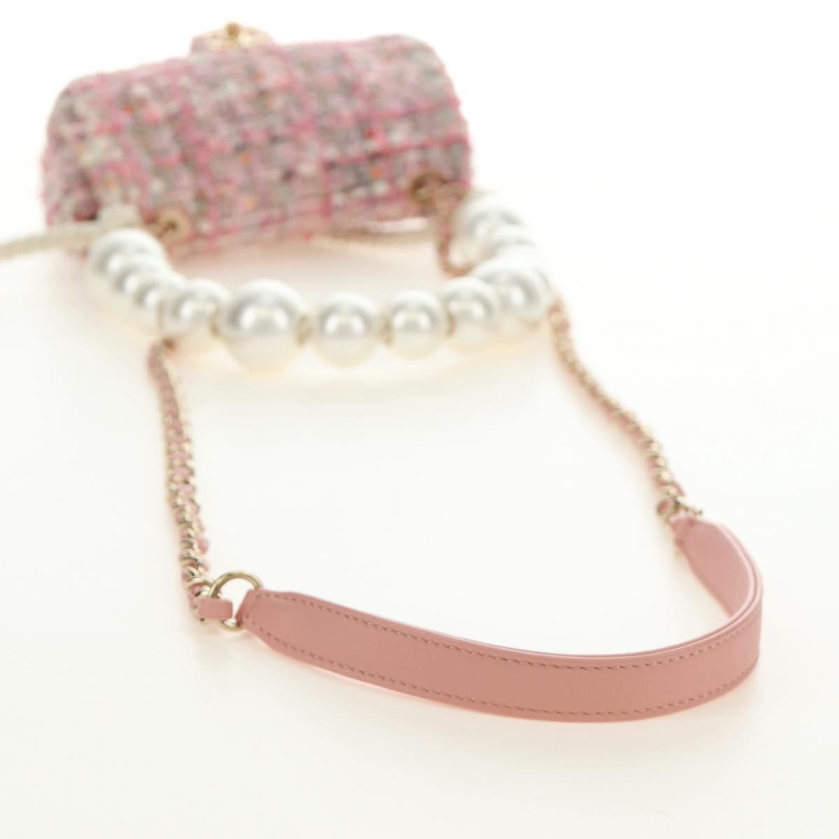 CHANEL Chain Shoulder Bag Tweed 2way Pink Gold CC Auth 185316M