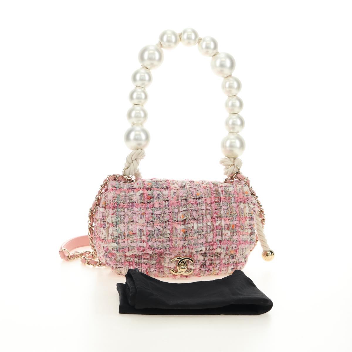 CHANEL Chain Shoulder Bag Tweed 2way Pink Gold CC Auth 185316M