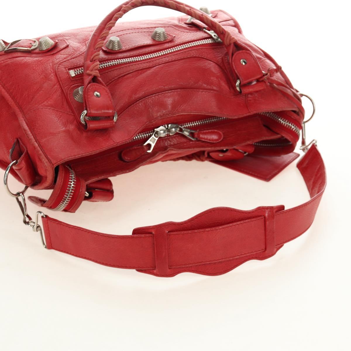 BALENCIAGA The Giant City Hand Bag Leather 2way Red Silver 173084 Auth 185342M