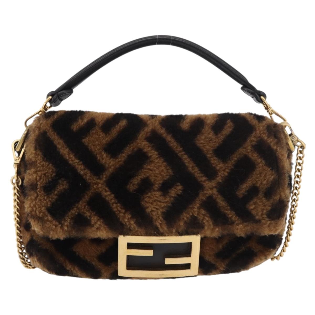 FENDI Zucca Canvas Chain Mamma Baguette Bag Mouton 2way Black Brown Auth 185375M
