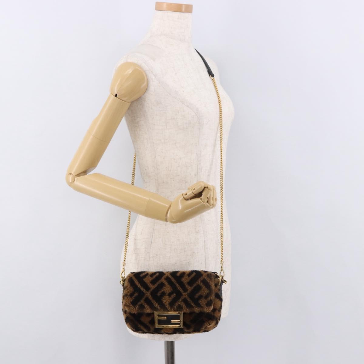 FENDI Zucca Canvas Chain Mamma Baguette Bag Mouton 2way Black Brown Auth 185375M